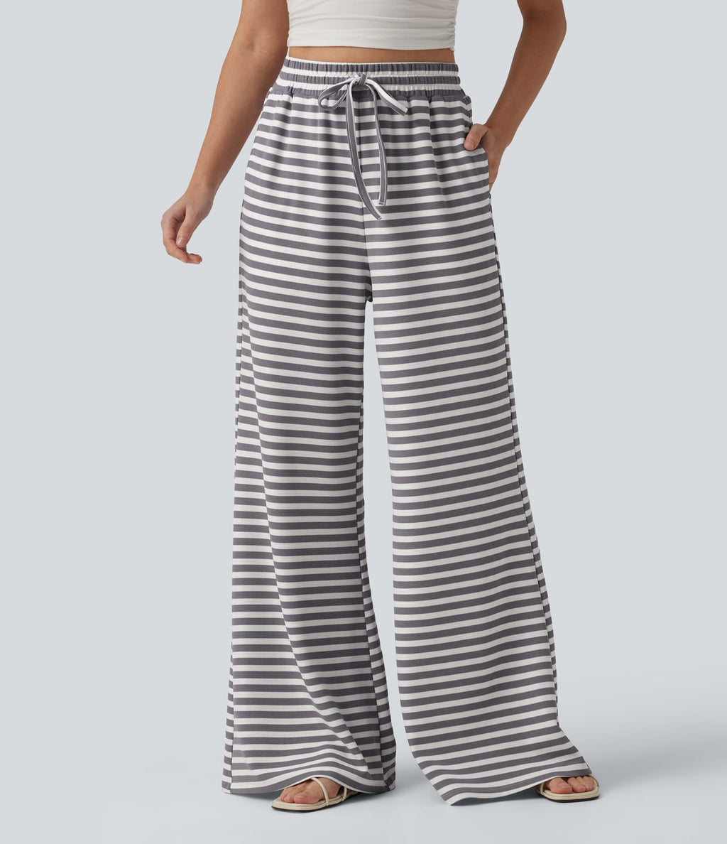 Pantalon large casual à rayures en maille gaufrée taille haute avec cordon de serrage et poches