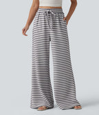 Pantalon large casual à rayures en maille gaufrée taille haute avec cordon de serrage et poches