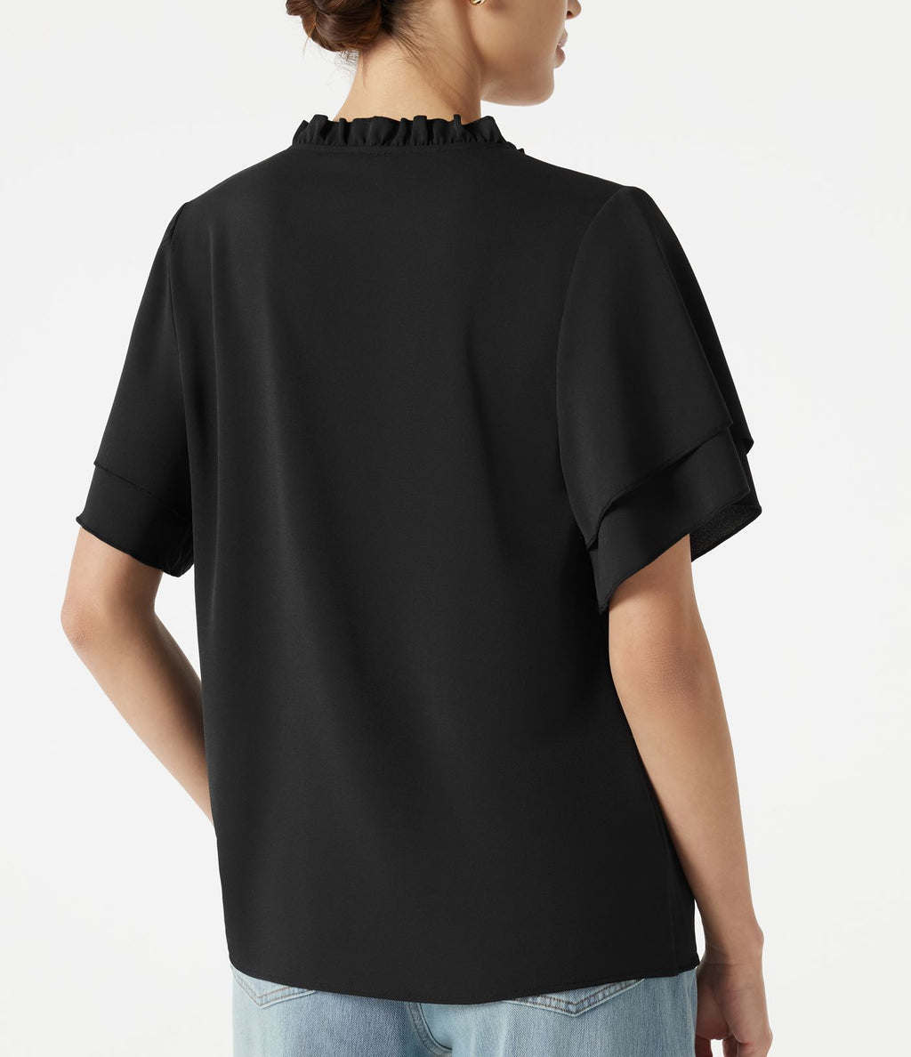 Blouse casual col V à volants, manches courtes et dentelle contrastée