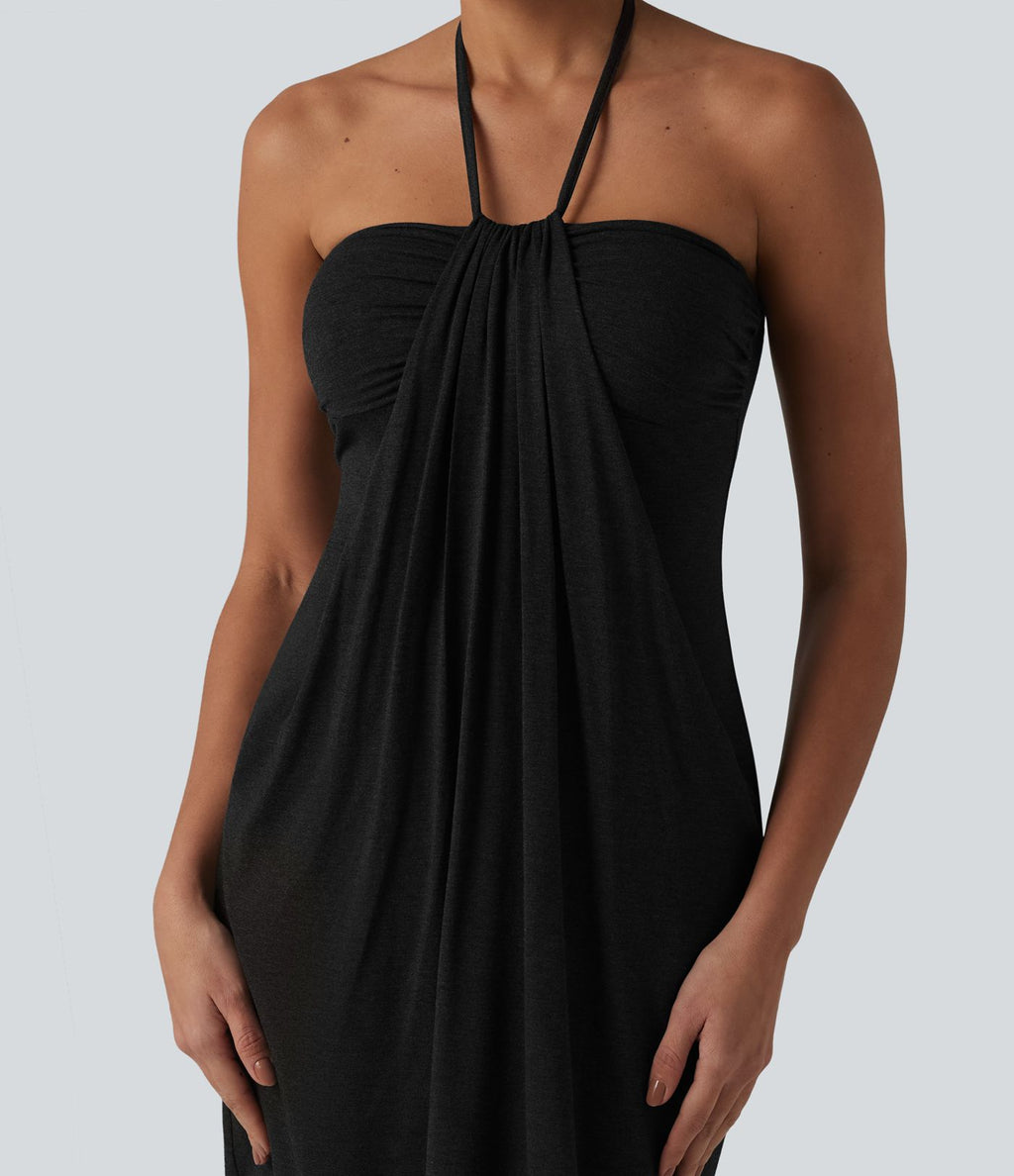 Robe resort mini dos nu à col licou avec lien noué dans le dos et poches