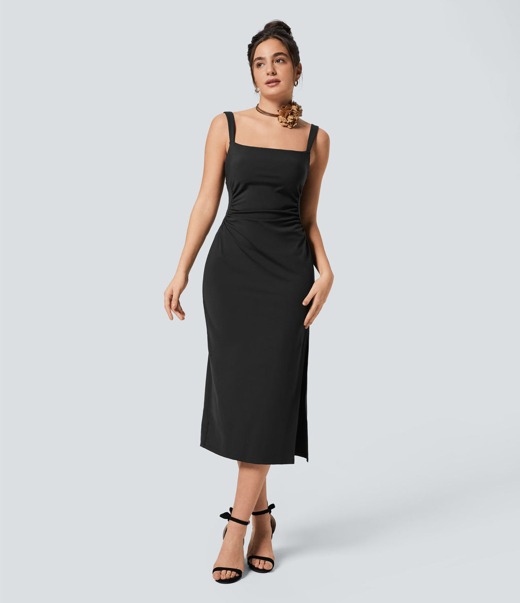 Softlyzero™ Airy Robe Demoiselle d'Honneur Invitée de Mariage Col Carré Plissée et Fendue Toucher Frais Grande Taille