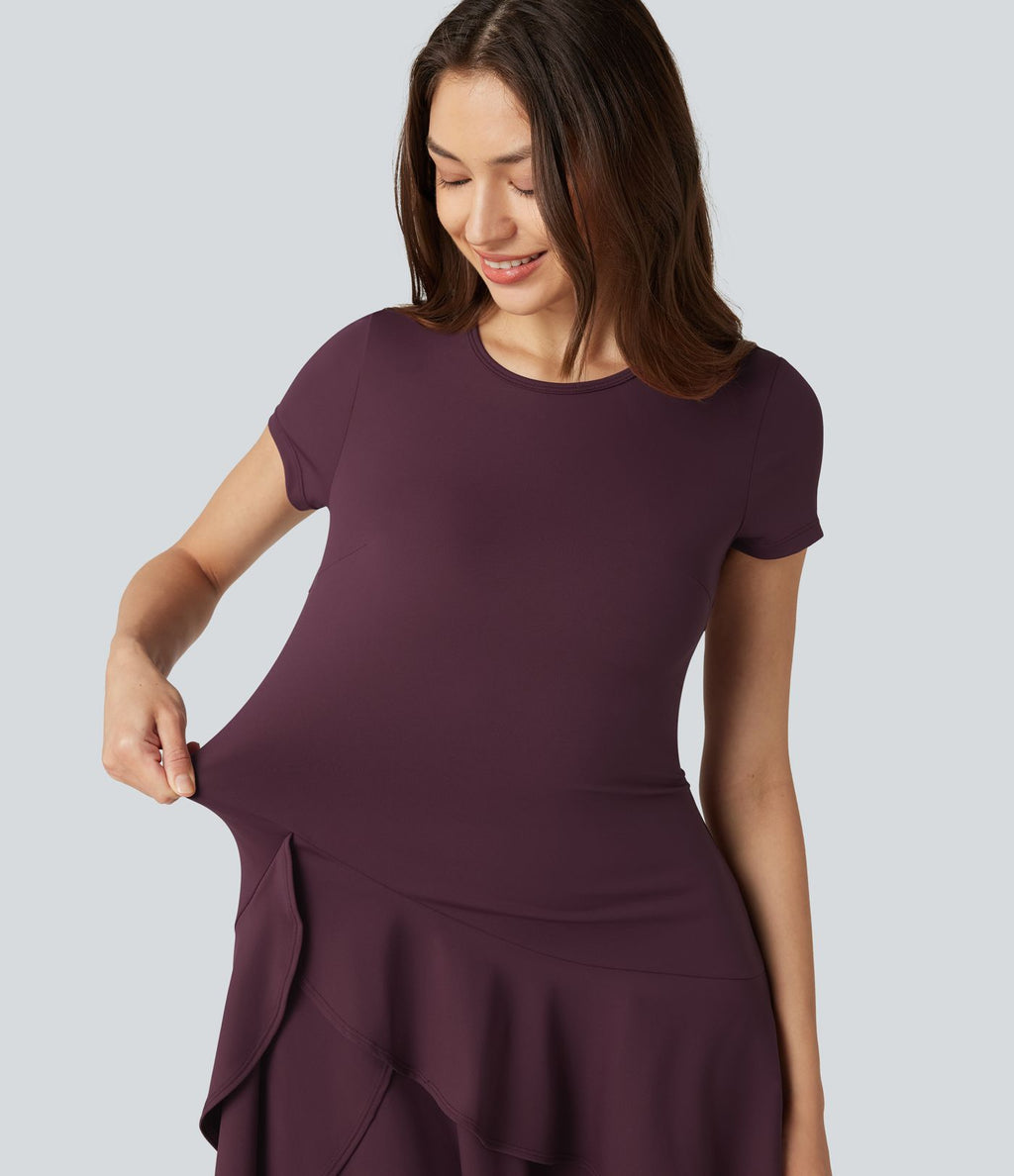 Robe mini décontractée SoftlyZero™ Airy col rond, manches courtes, ourlet à volants étagés, à effet frais InstantCool