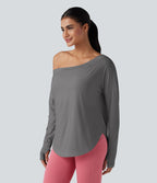 Top de sport yoga une épaule séchage rapide ourlet arrondi asymétrique manches longues avec trous pouces - Brassière intégrée