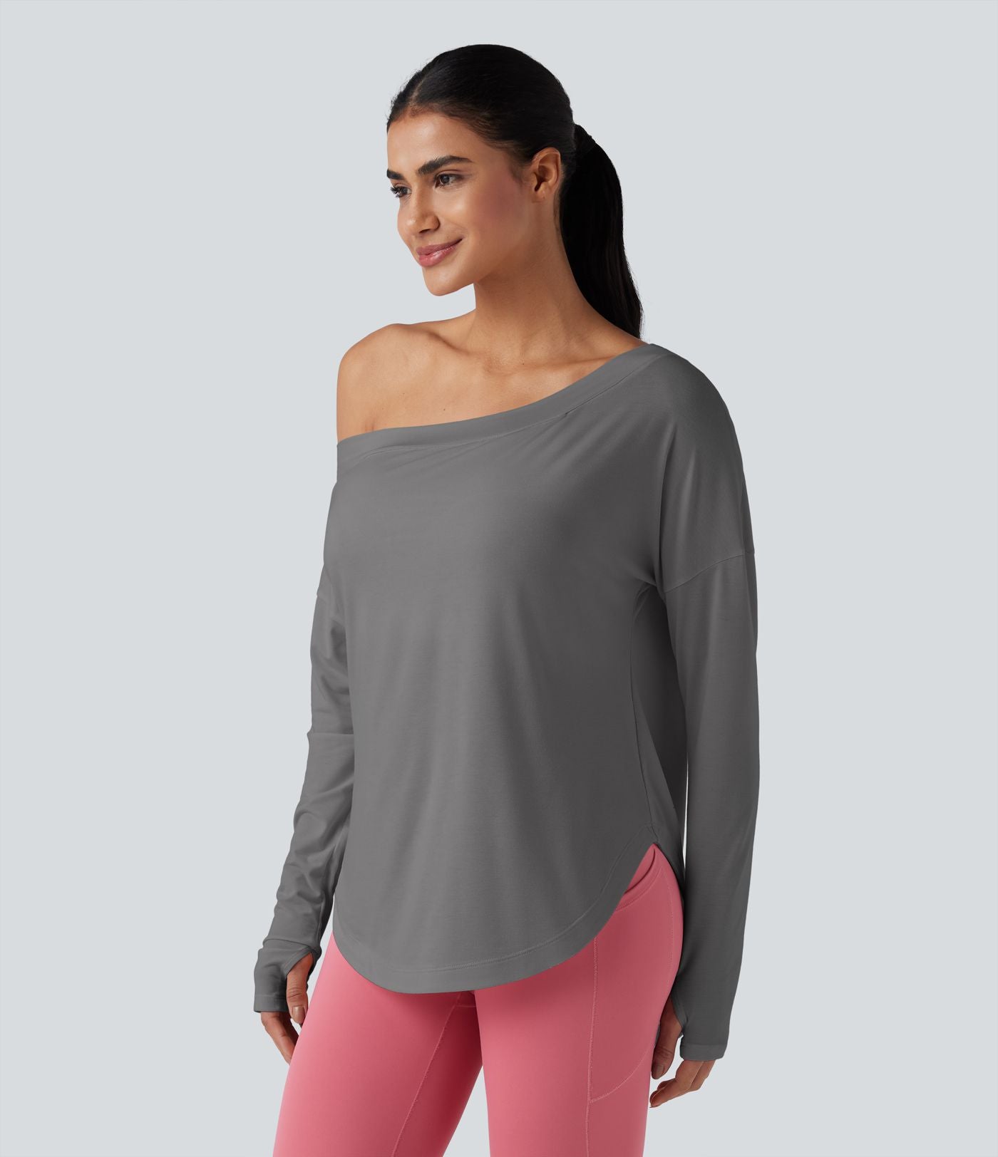 Top de sport yoga une épaule séchage rapide ourlet arrondi asymétrique manches longues avec trous pouces - Brassière intégrée