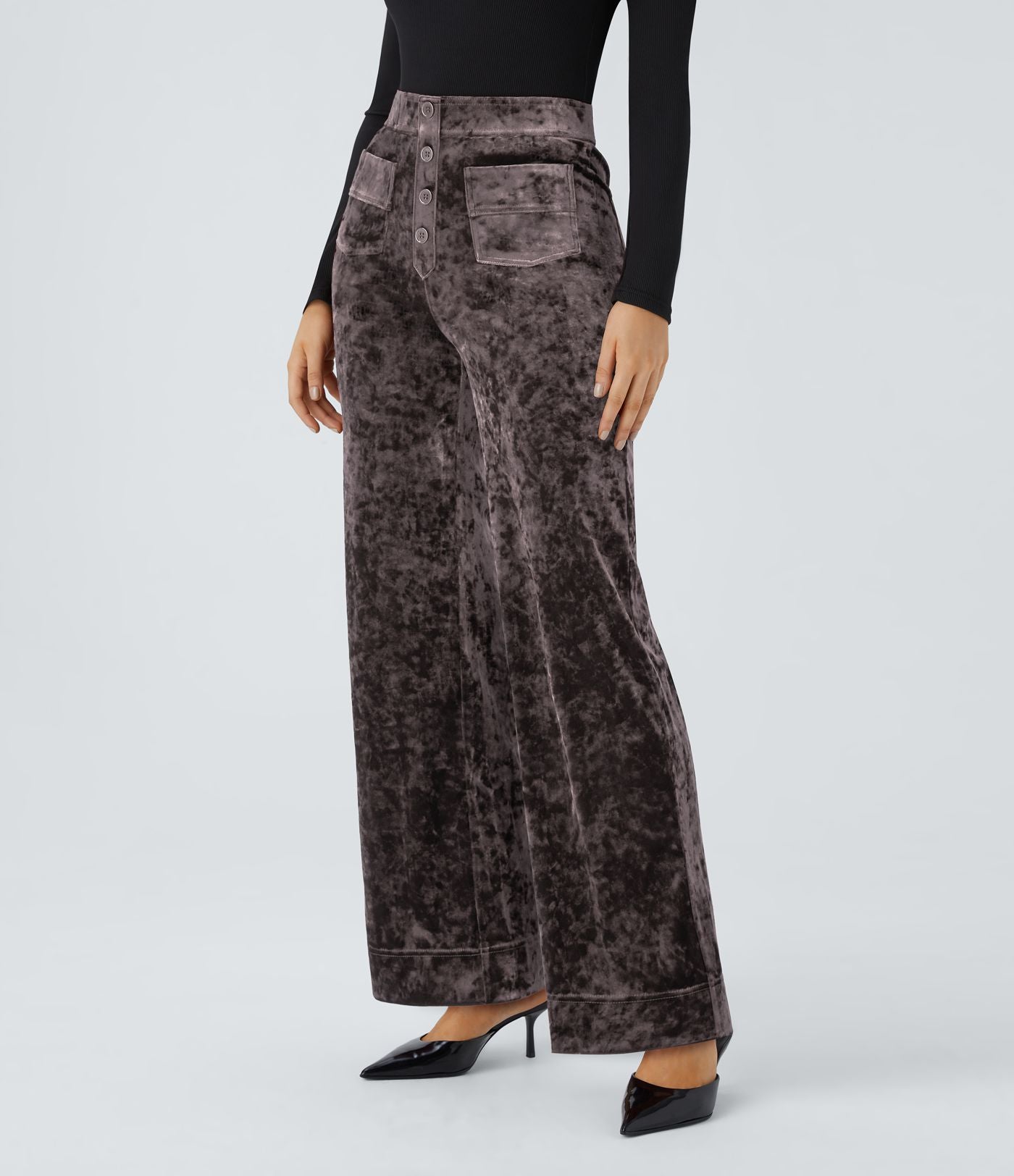 Pantalon Casual en Velours Taille Haute avec Bouton Multipoches Droites
