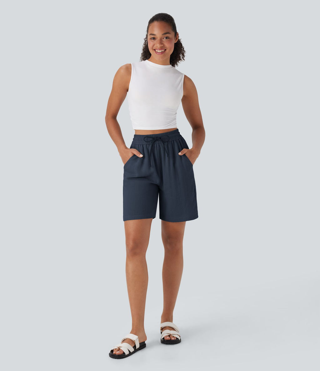 Short décontracté effet lin taille haute avec cordon de serrage et poches latérales