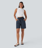 Short décontracté effet lin taille haute avec cordon de serrage et poches latérales