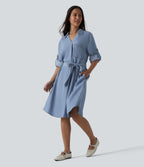 Robe courte casual denim en lyocell col V manches longues avec nœud devant et poches