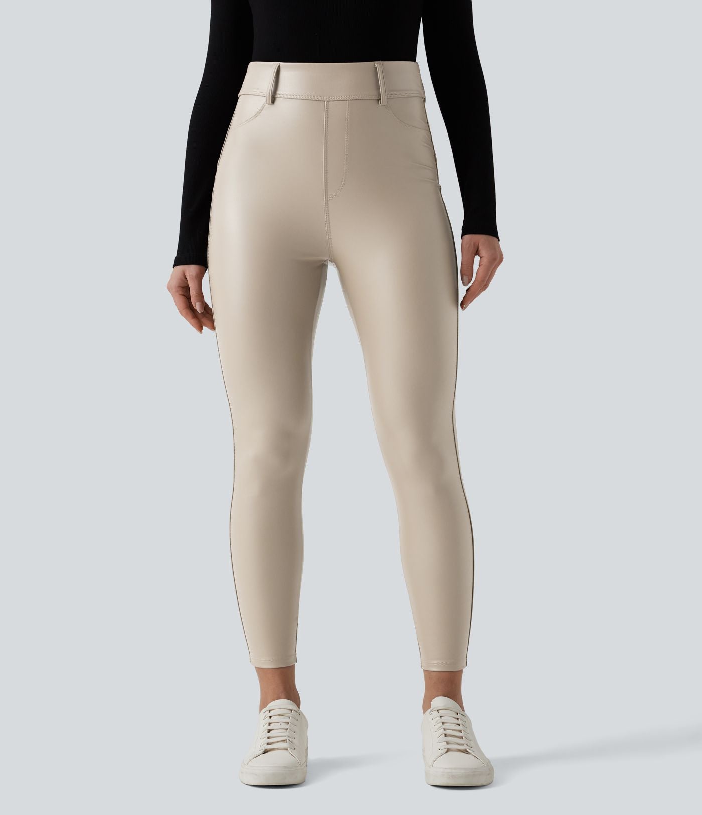 Pantalon polaire simili cuir extensible taille haute avec poches