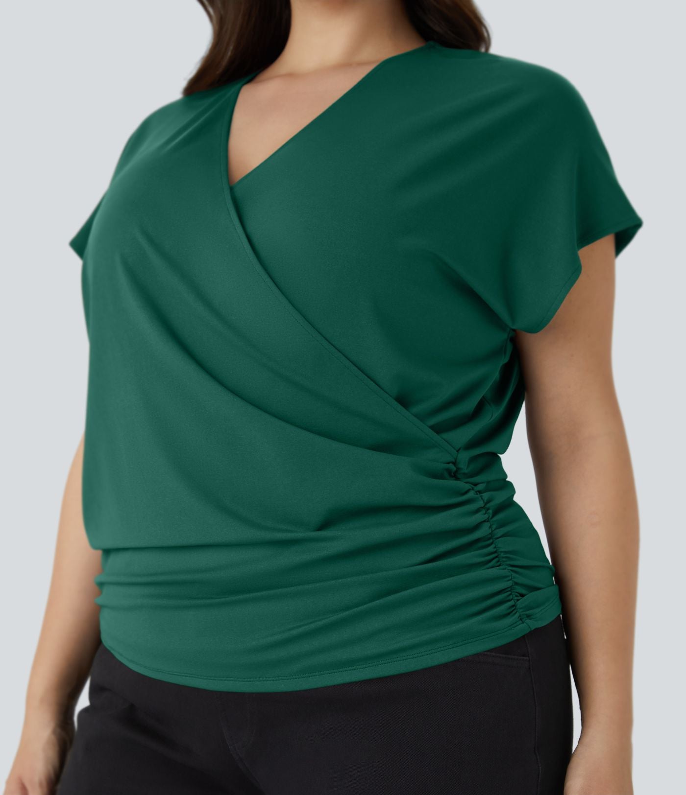 Blouse Travail Unie Froncée Croisée Manches Courtes Col en V Grande Taille