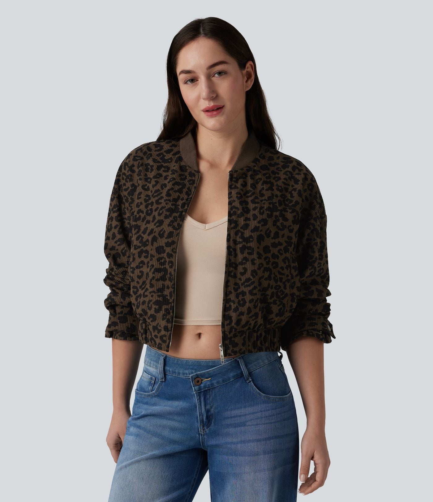 Veste bomber manches longues imprimé léopard avec poches