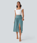 Jupe de danse mi-longue fluide 2-en-1 taille haute, fendue avec poche latérale