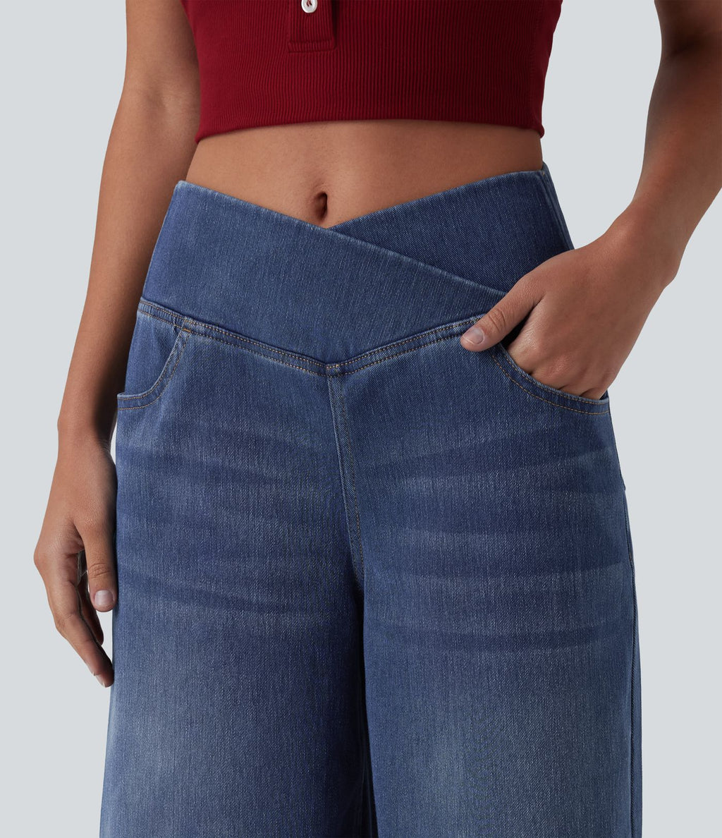 Short en jean ample Halara Flex™ taille haute croisé gainant décontracté avec poches