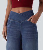 Short en jean ample Halara Flex™ taille haute croisé gainant décontracté avec poches
