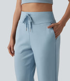 Pantalon Capri décontracté à taille haute, coupe droite, cordon de serrage et poches