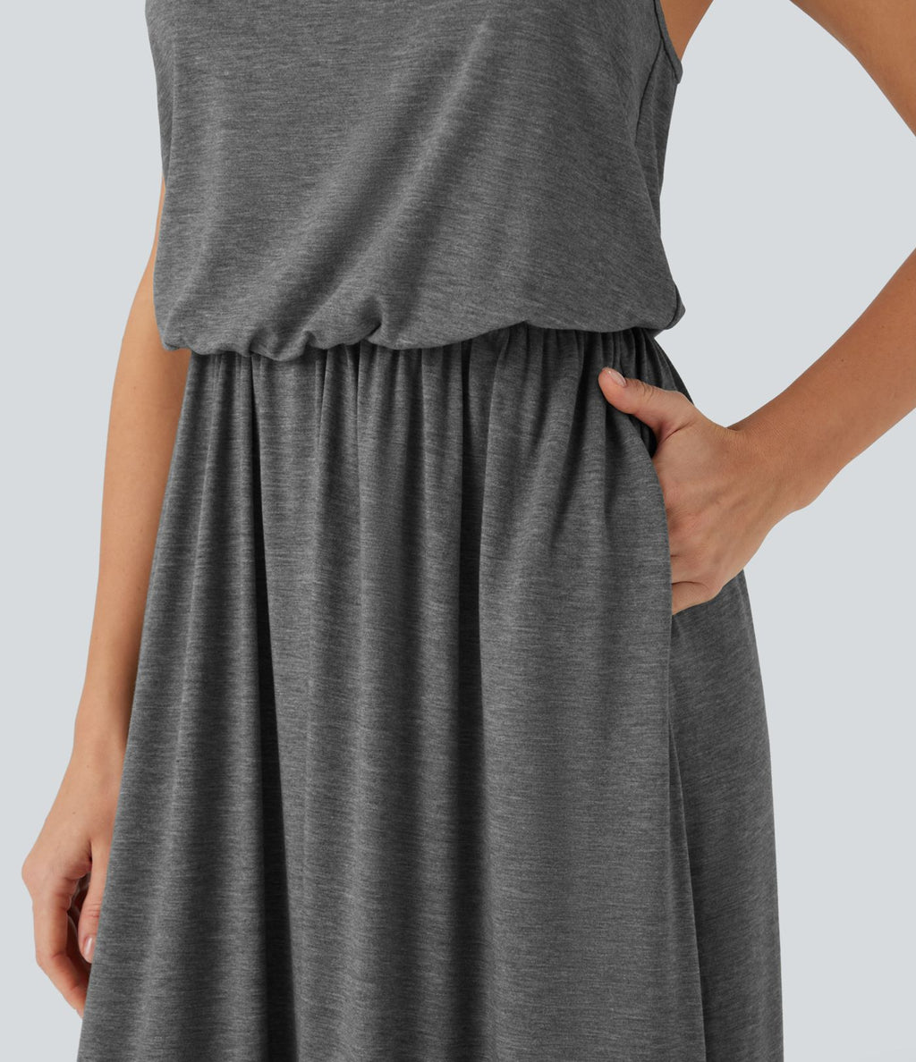 Robe longue fluide type nuisette à bretelles ajustables avec poches