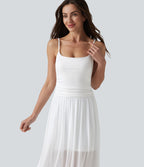 Robe nuisette longue décontractée fluide bretelles réglables froncée mesh contrasté soutien-gorge intégré