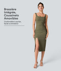 Robe corset midi moulante ruchée à encolure carrée, dos nu, brassière intégrée