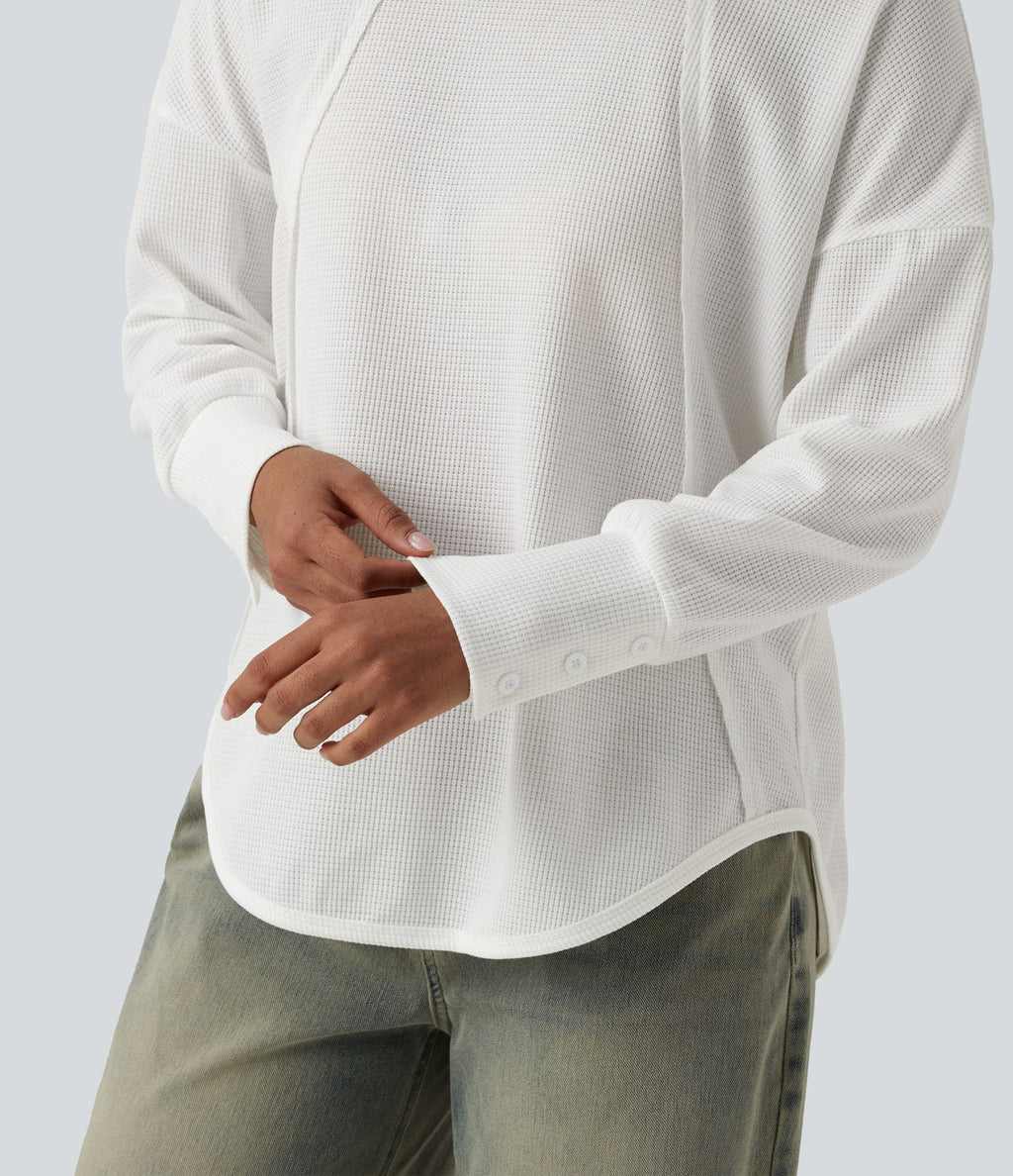 Top gaufré décontracté col échancré manches longues ourlet arrondi coupe décontractée