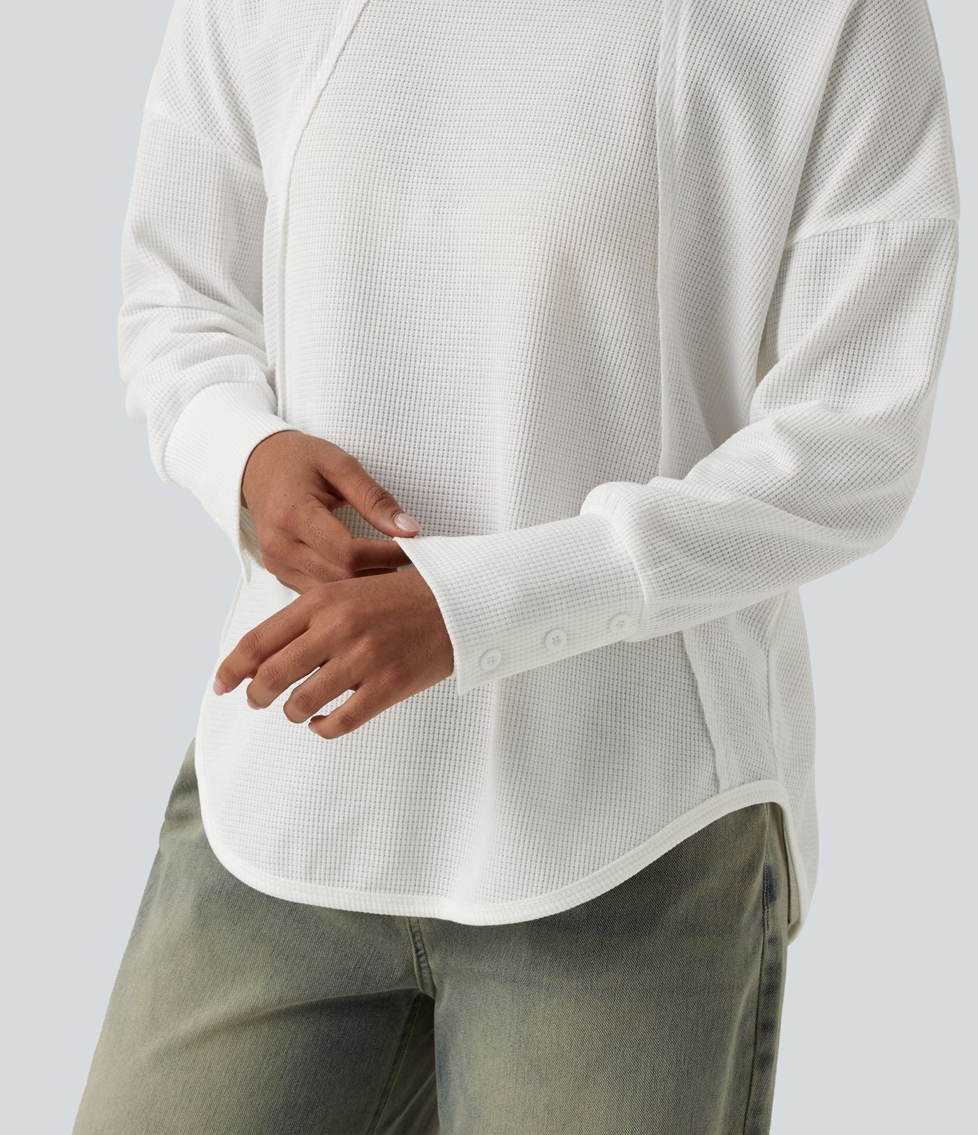 Top gaufré décontracté col échancré manches longues ourlet arrondi coupe décontractée