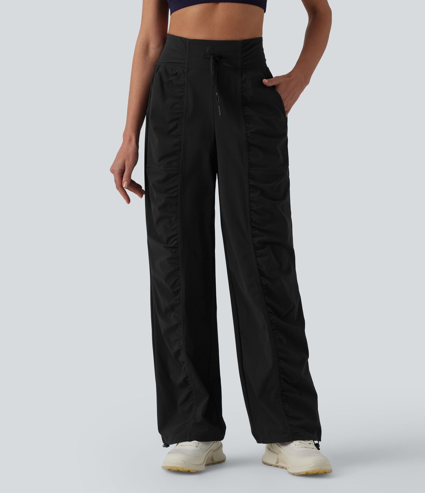 Pantalon running coupe droite taille haute à cordon de serrage et fronces séchage rapide avec poches