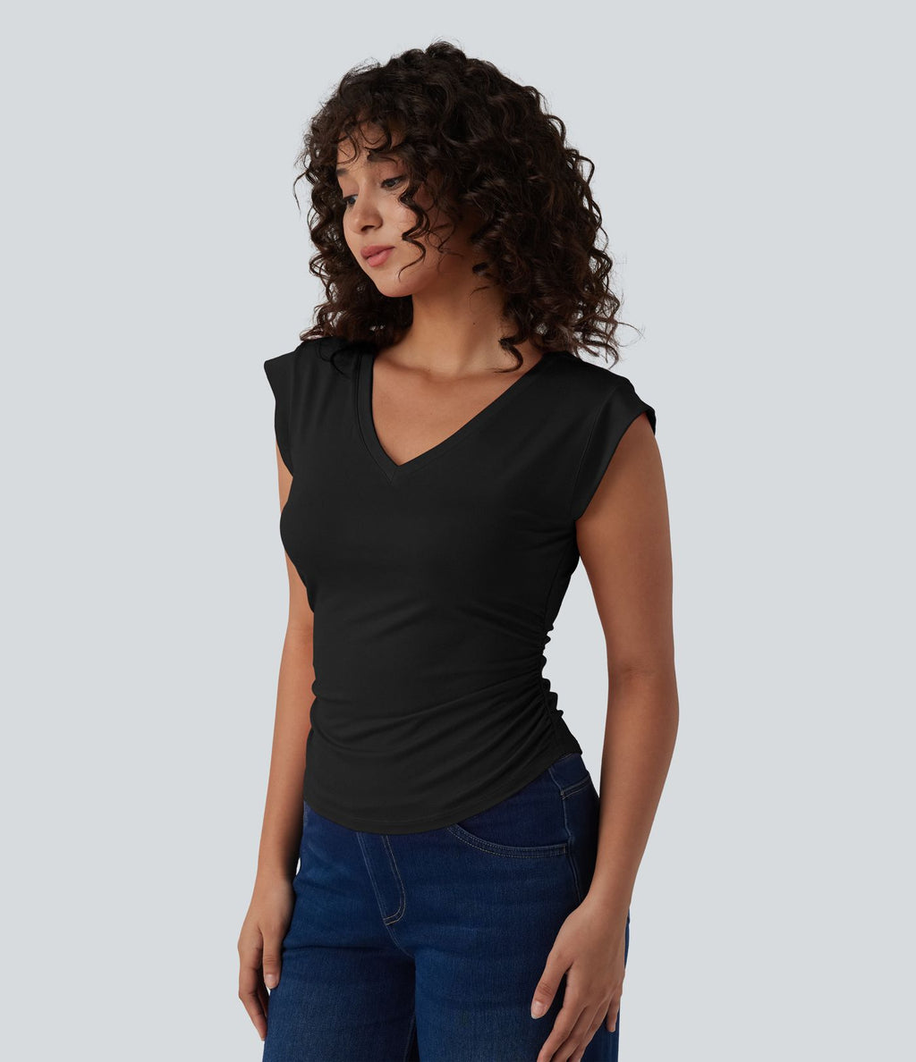 T-shirt décontracté col V manches courtes ourlet arrondi froncé