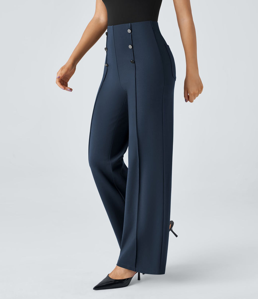 Pantalon Tailleur Large Taille Haute avec Bouton et Poches