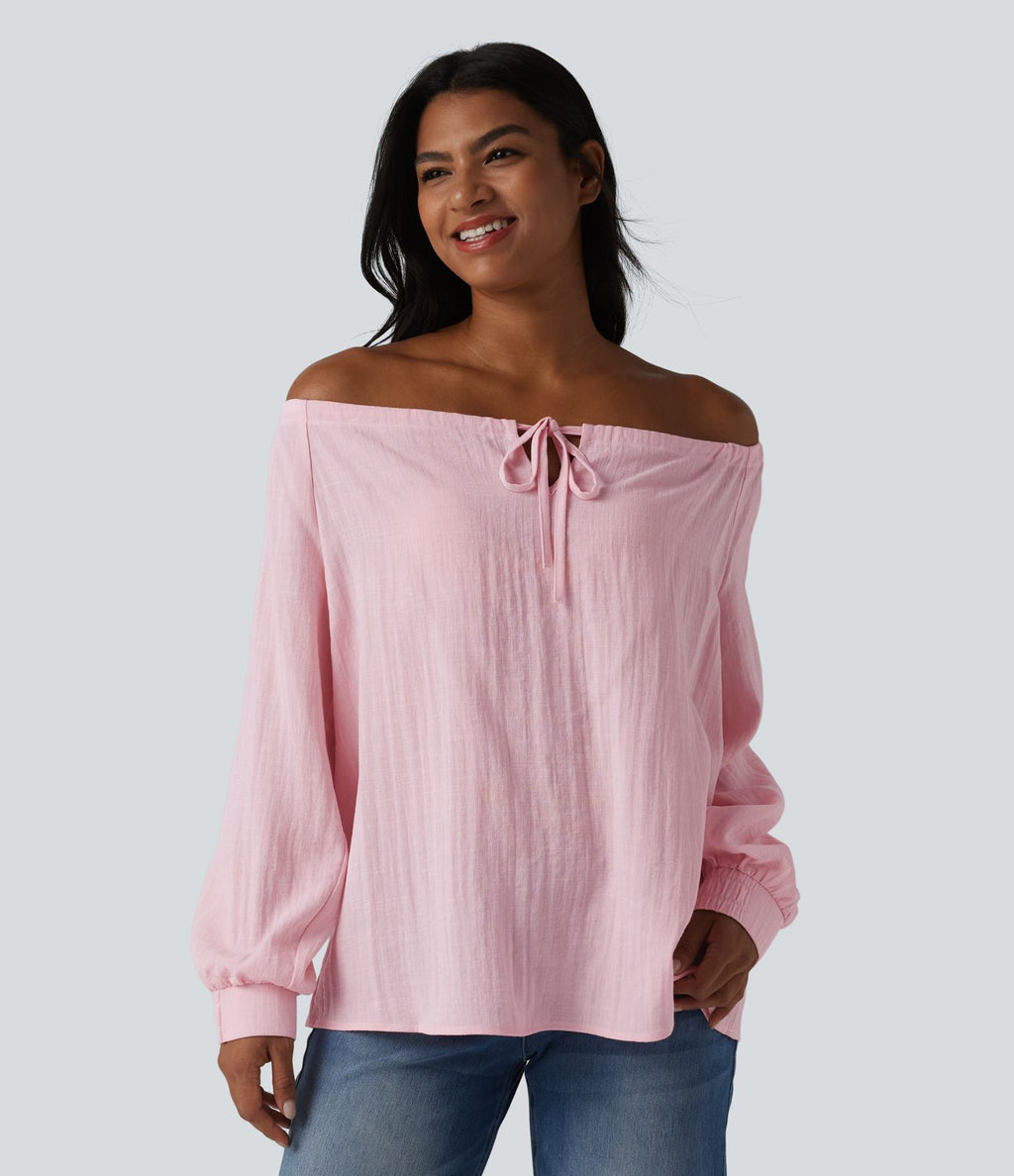 Blouse casual oversize aspect lin à épaules dénudées, lien noué et manches longues