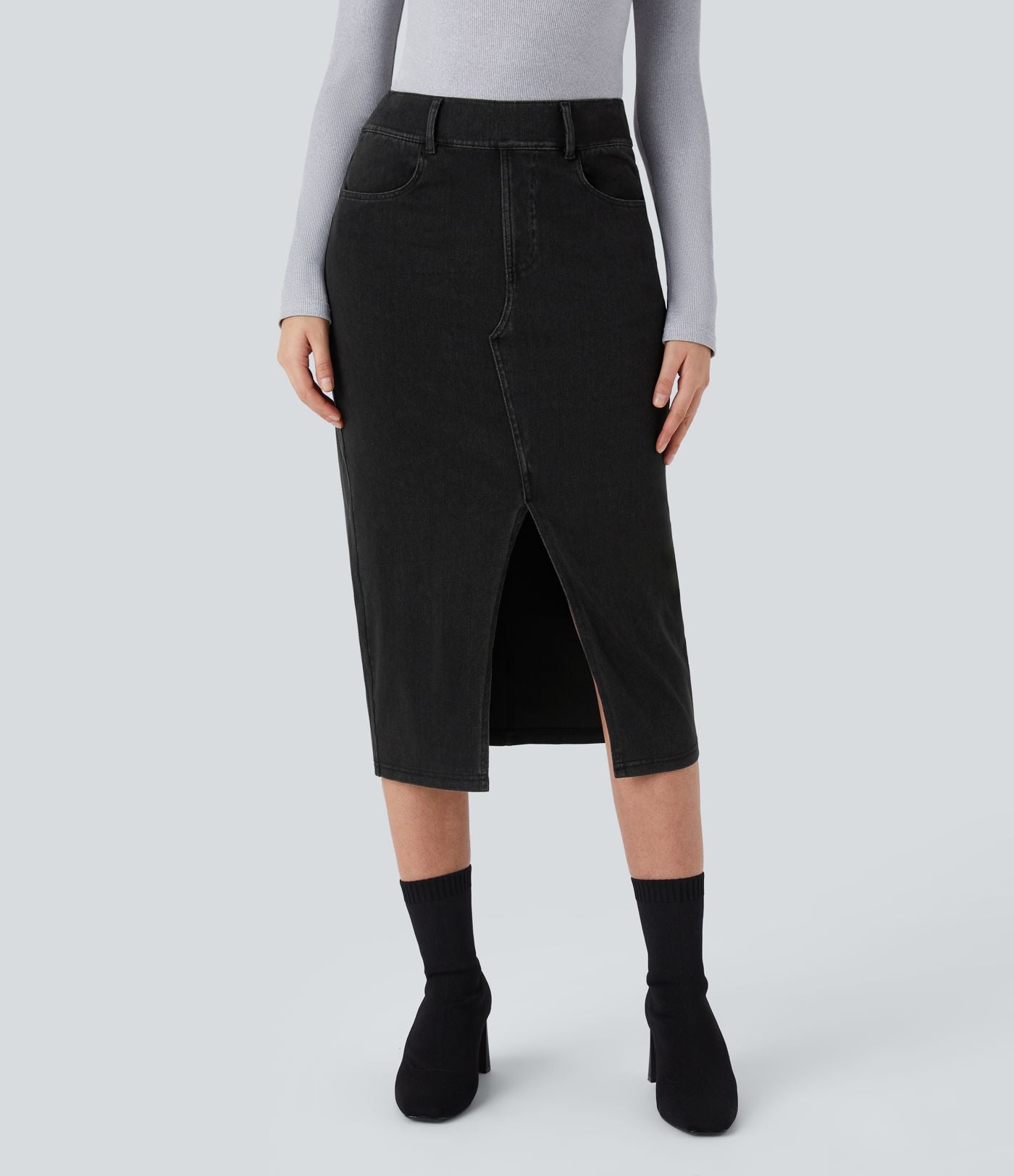 Halara Flex™ Jupe en Jean Midi Casual Tricot Extensible Taille Haute Poches Multiples