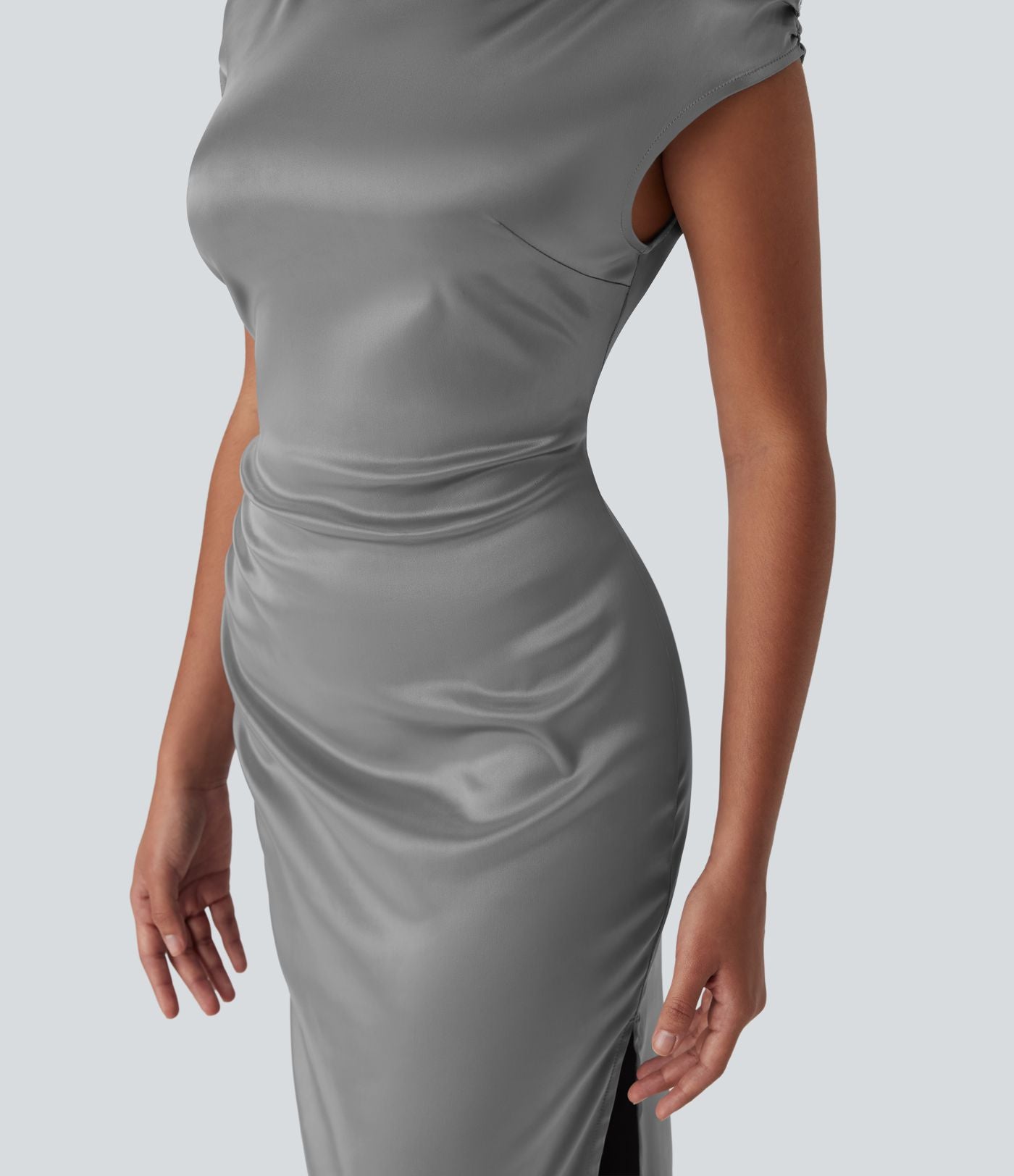 Robe de soirée longue en satin avec encolure bateau, manches cap, fermeture éclair invisible, fronces et fente