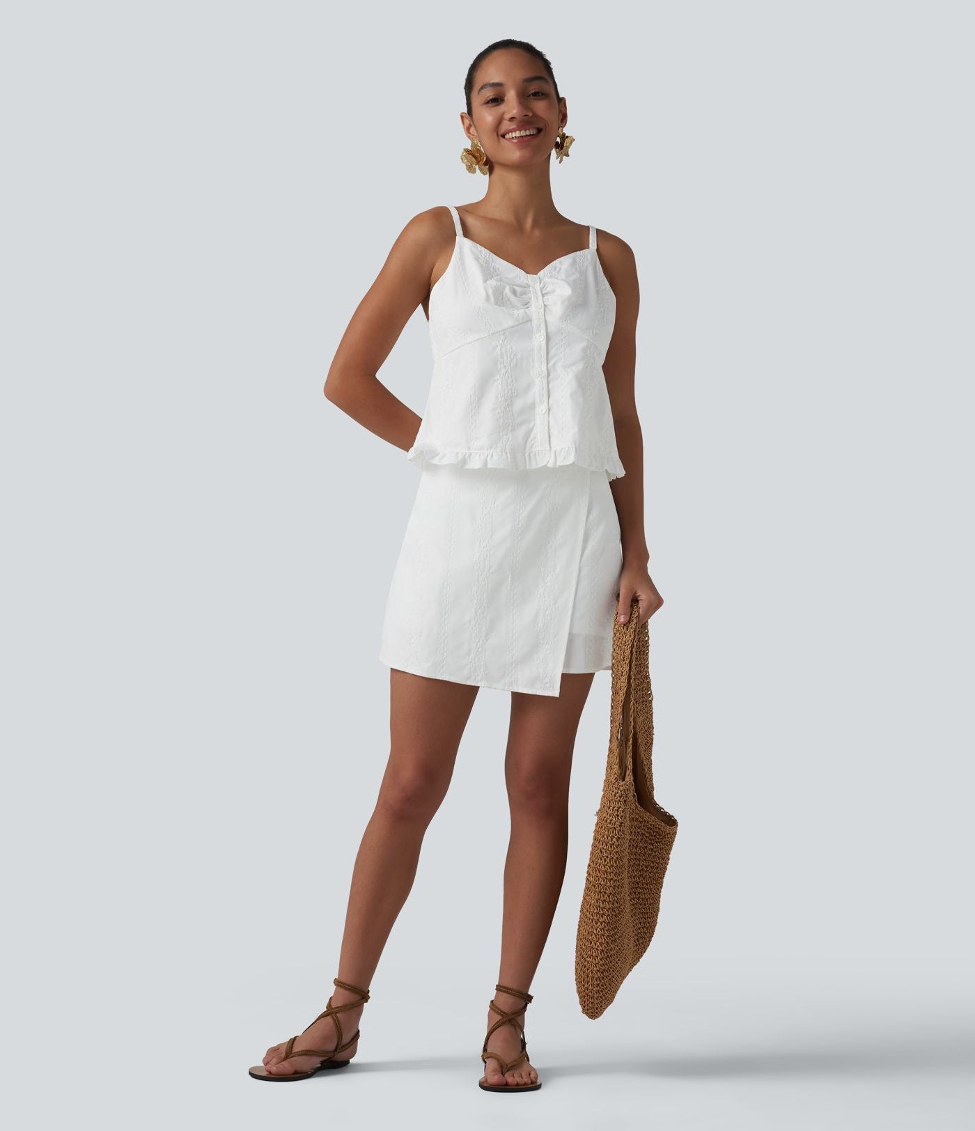 Jupe mini évasée 2-en-1 taille haute broderie style vacances