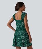 Robe trapèze mini col U sans manches à volants imprimé floral avec soutien-gorge intégré