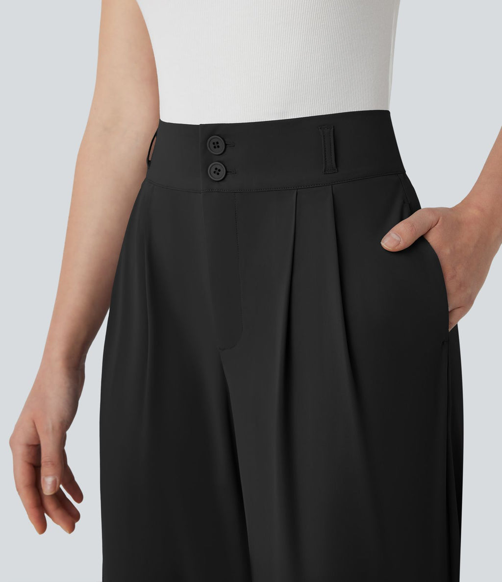 Pantalon de travail à taille haute avec boutons, fermeture éclair, poches latérales, fronces, jambe droite et effet frais InstantCool