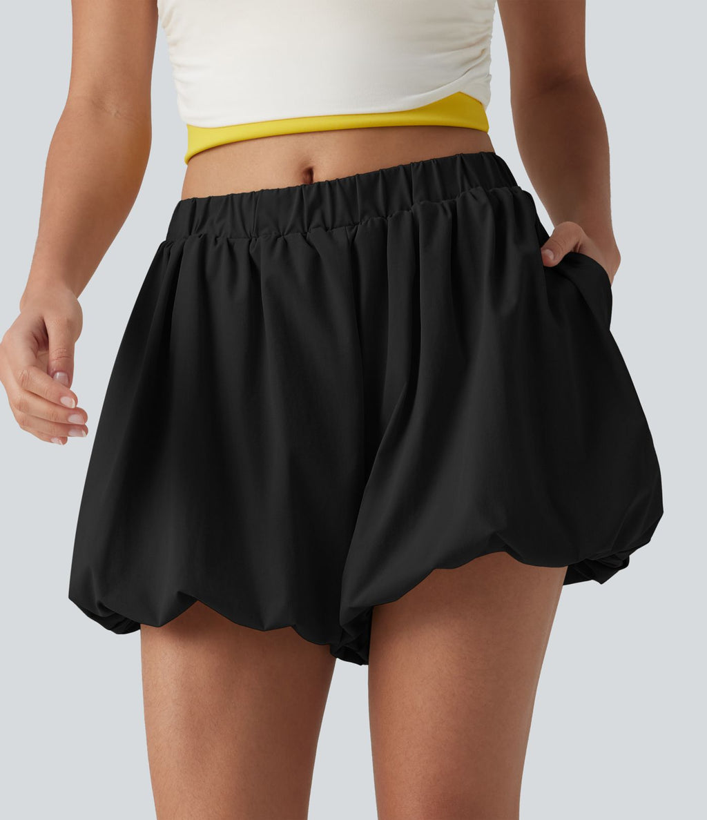Short bouffant casual taille mi-haute en popeline extensible avec poches