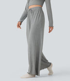 Pantalon détente taille haute coupe droite finitions plissées pointelle avec cordon de serrage