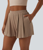Short tailleur casual 2-en-1 côtelé maille taille haute avec poches