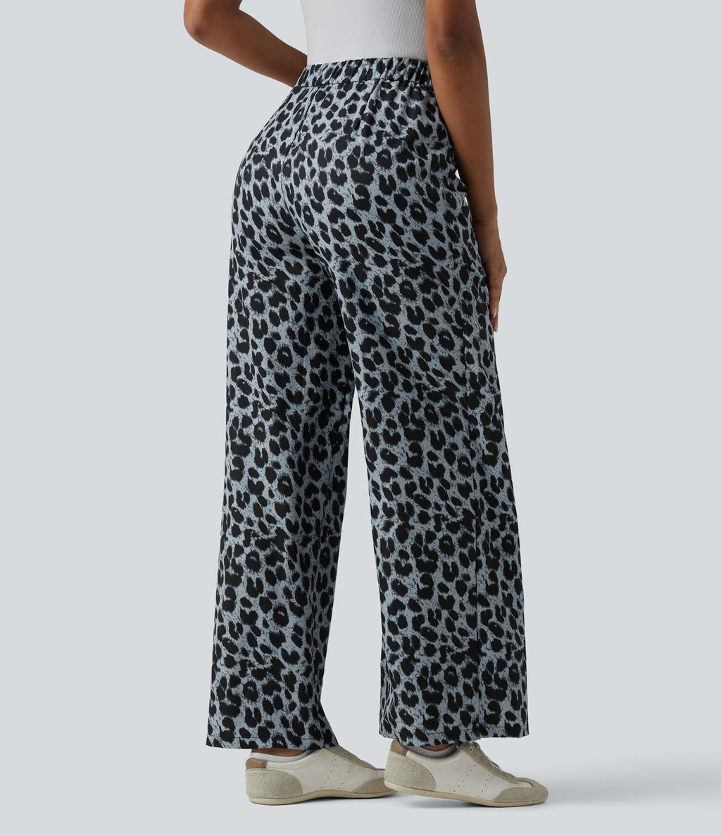 Pantalon tailleur large taille haute imprimé léopard avec liens latéraux