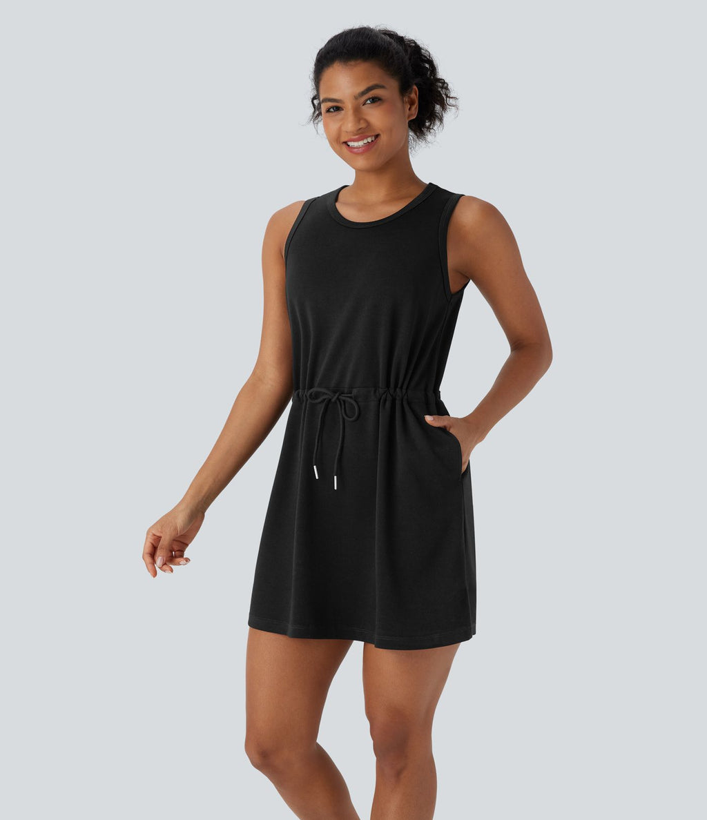 Robe active de yoga mini 2 pièces à col rond, sans manches, cordon de serrage et poches latérales