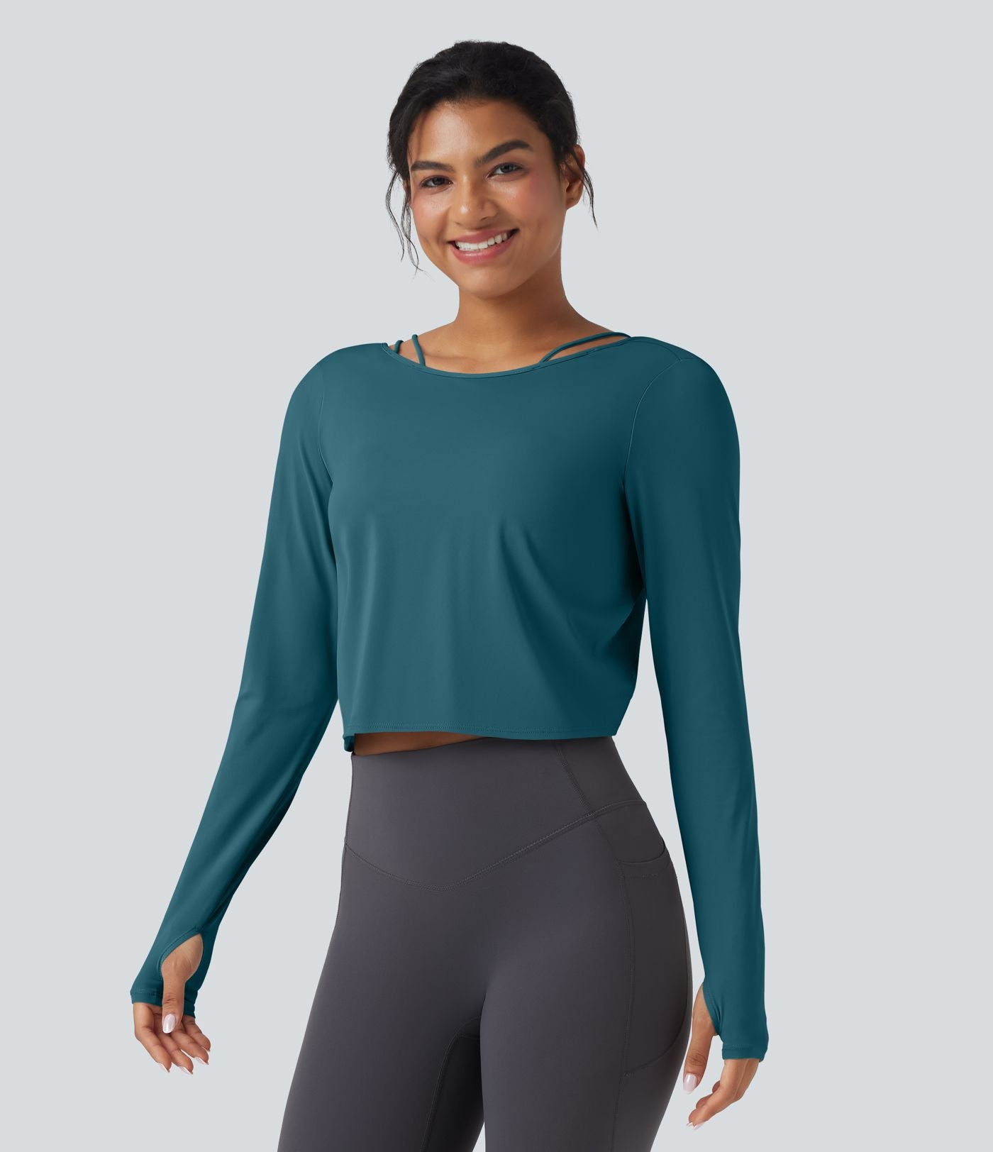Top de sport yoga SoftlyZero™ QuickDry 2-en-1 dos nu torsadé manches longues avec trous pouces