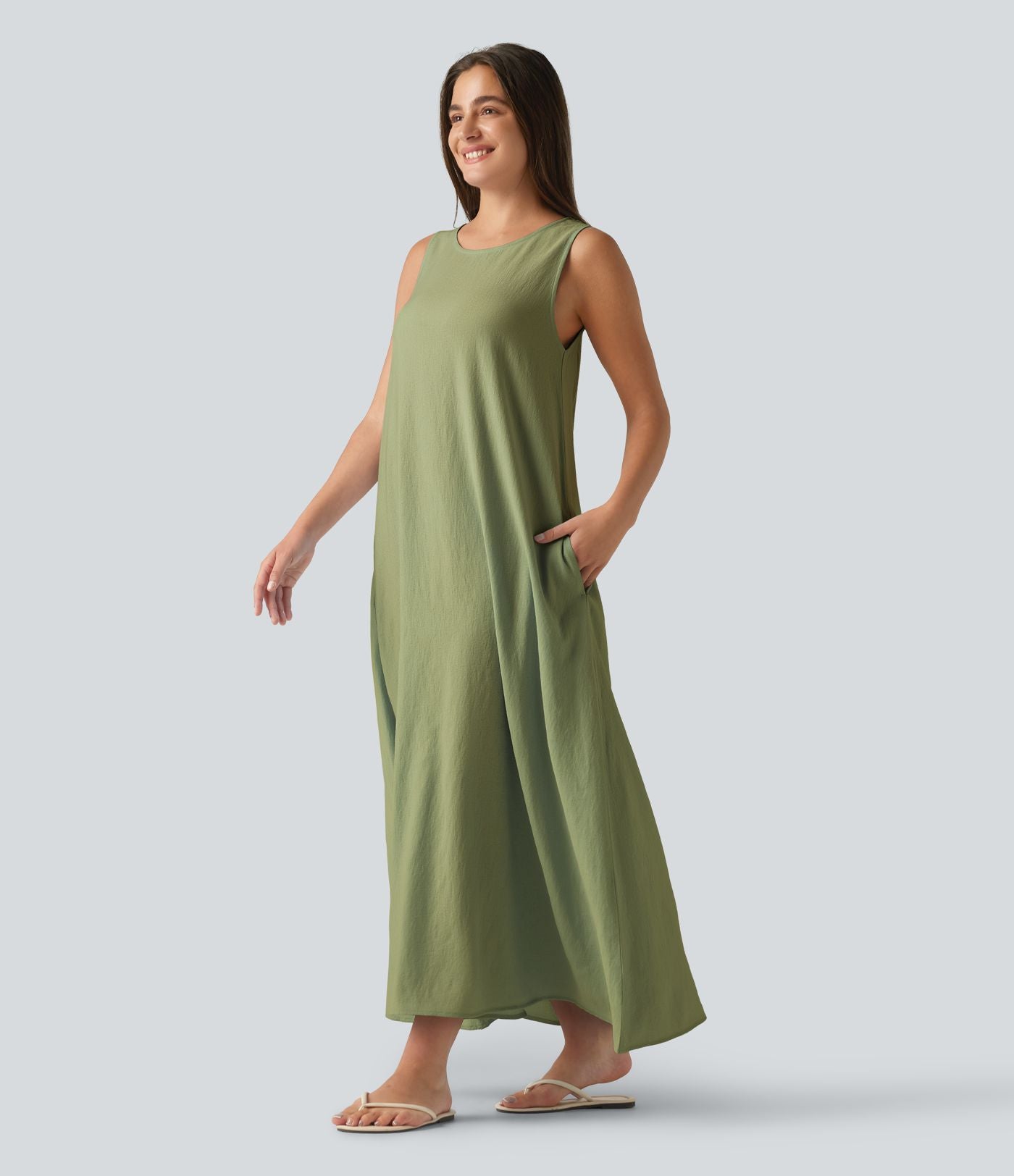 Robe débardeur midi unie sans manches à col rond et poches