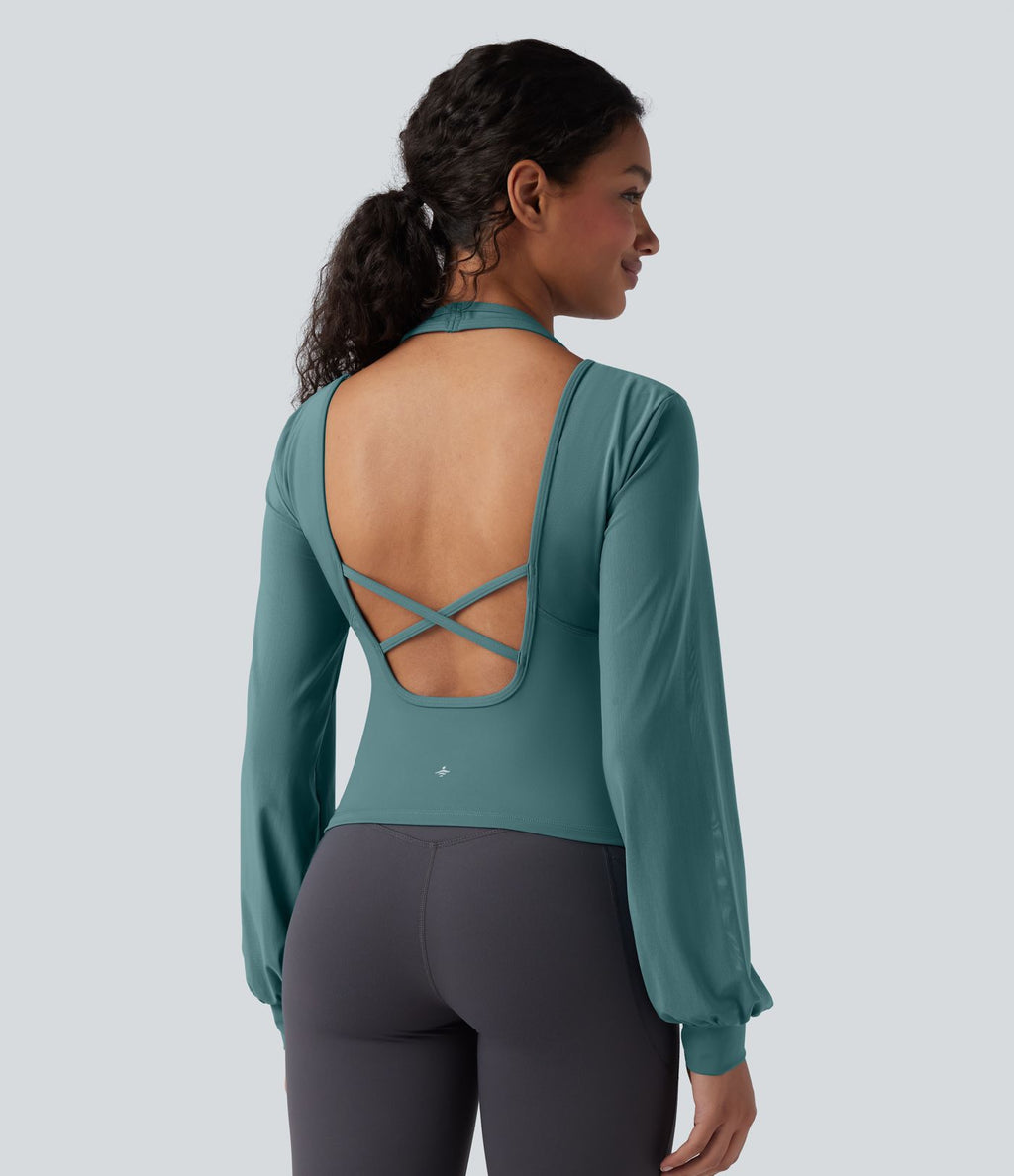 Haut de sport de yoga SoftlyZero™ aérien dos nu dos-nu manches longues bishop mesh contrastant - UPF50+