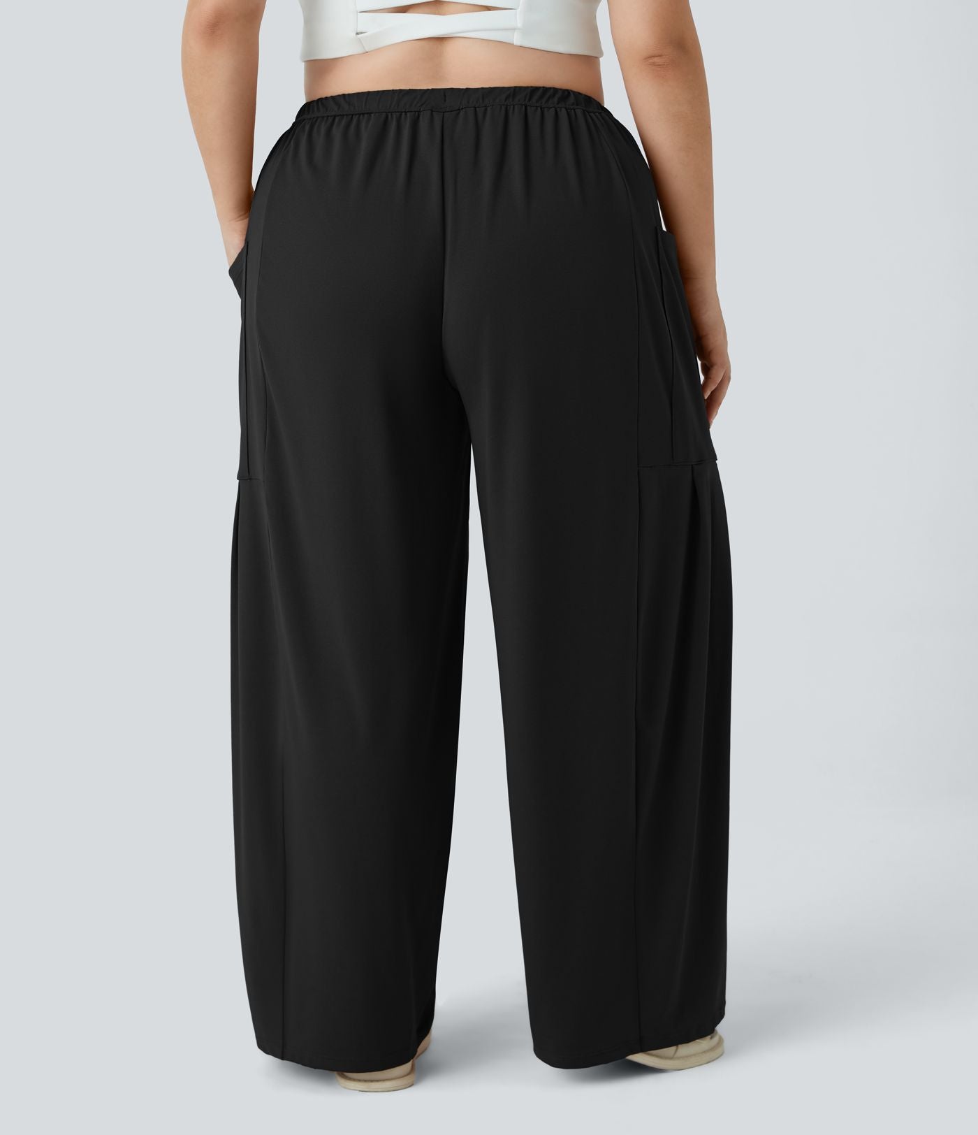 Pantalon Large Casual Taille Mi-Haute Taille Élastique Cordon Poches Latérales Ourlet Flottant Grande Taille