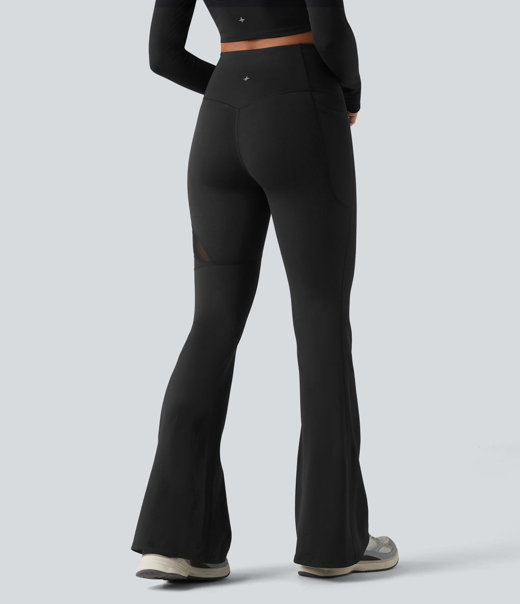 Legging évasé casual en maille respirante ventre plat taille haute avec poche