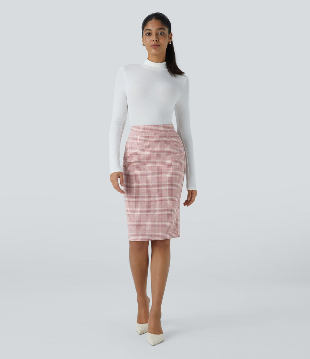 Jupe crayon de travail à taille haute, fente et motif pied-de-poule et carreaux