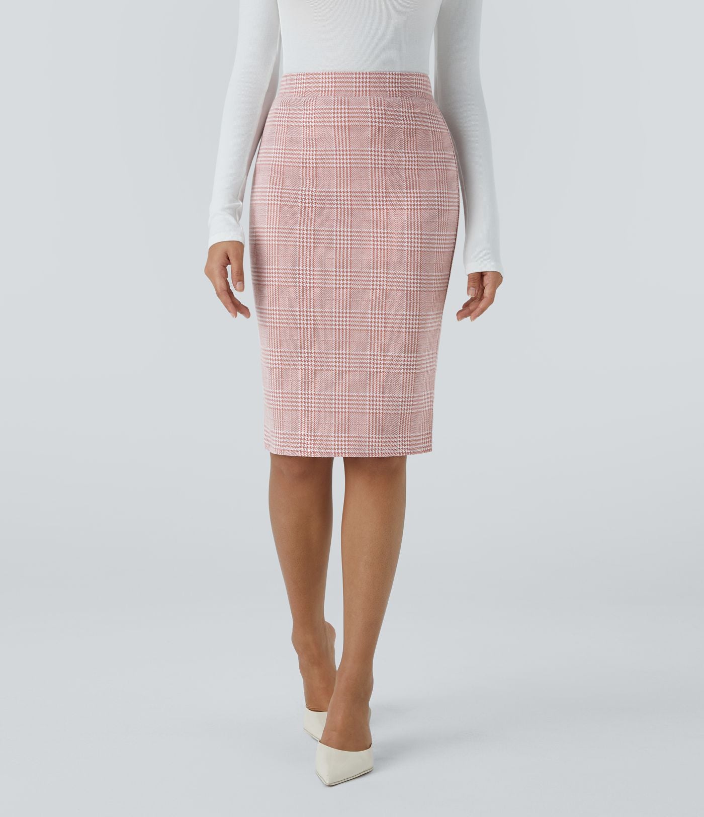 Jupe crayon de travail à taille haute, fente et motif pied-de-poule et carreaux