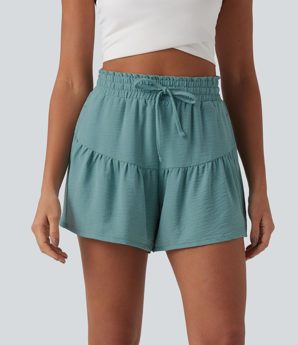 Short casual taille haute aspect lin volants avec cordon de serrage et poches 9 cm