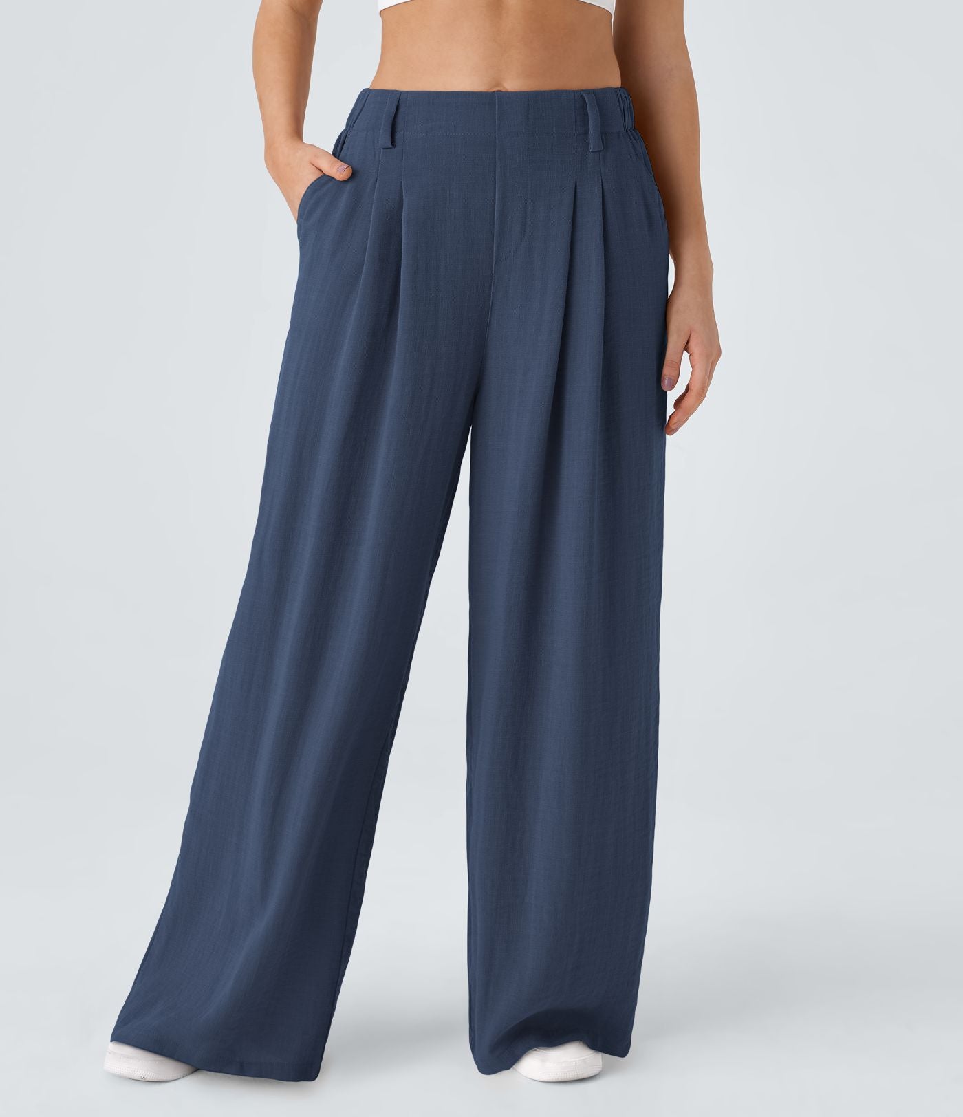 Pantalon Fluide Large Taille Haute Poches Latérales Palazzo Solide Casual Linen-Feel
