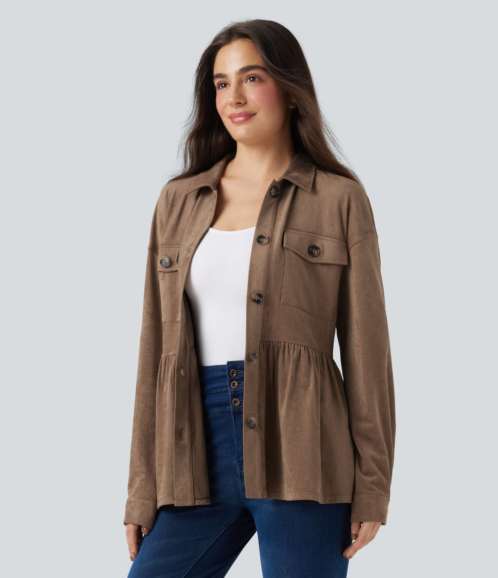 Veste-chemise décontractée effet daim manches longues à ourlet volants avec poches