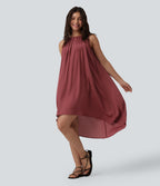 Robe fluide décontractée col rond sans manches plissée asymétrique