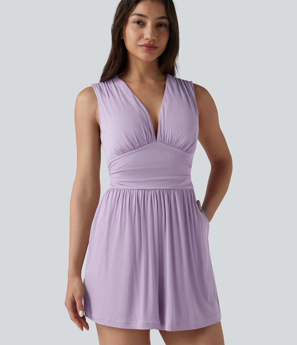 Combishort casual côtelé sans manches col V, fronces et soutien-gorge intégré, avec poches – Easy Peasy